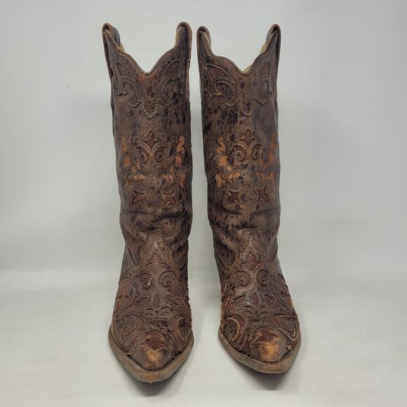 Corral Boots 6.5 Brown Lizard Leather Inlay Snip Toe Cowgirl Western Rodeo C2109 - Picture 3 of 13
